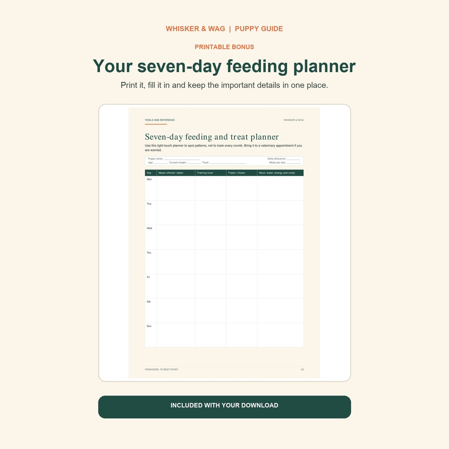 From Bowl to Best Start: printable seven-day feeding planner