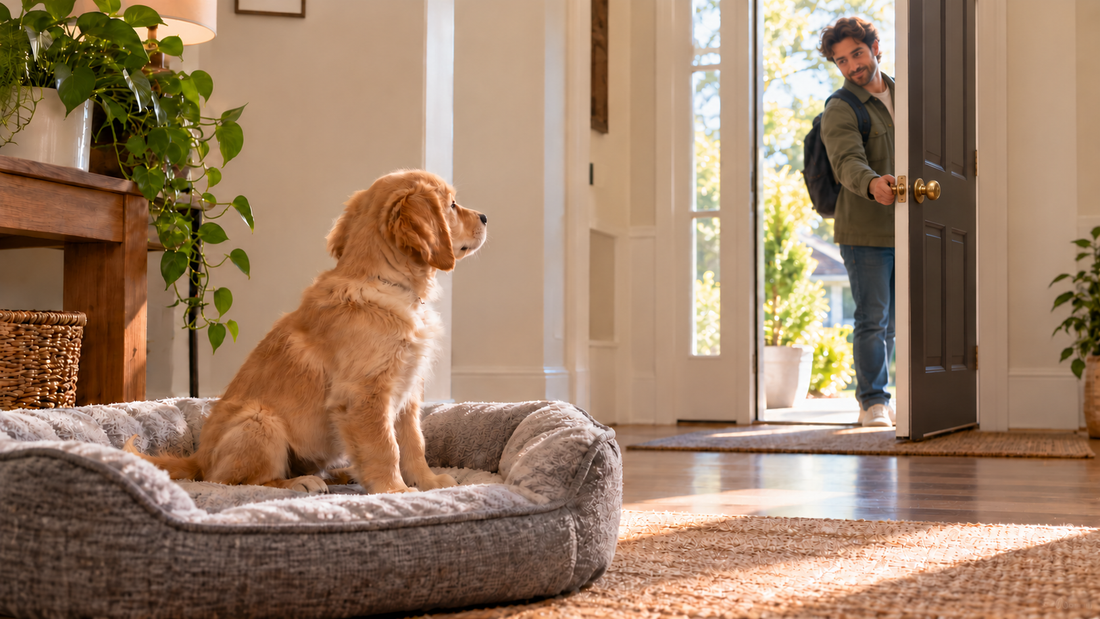 Golden retriever puppy watching its owner close the front door, with matching round brass knobs on both sides