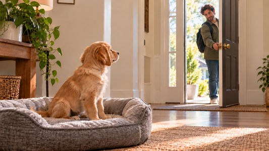Golden retriever puppy watching its owner close the front door, with matching round brass knobs on both sides