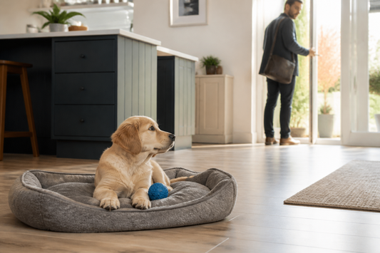 Calm young puppy relaxing at home while its owner leaves the house