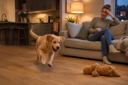 Playful puppy having evening zoomies in a modern living room