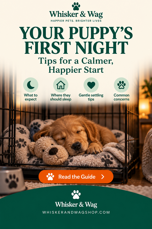 Whisker & Wag Your Puppy's First Night: Tips for a Calmer, Happier Start, with a puppy sleeping in a cosy crate