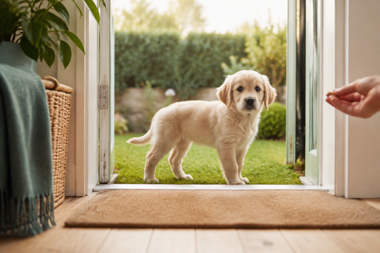 Golden retriever puppy standing by an open back door during toilet training