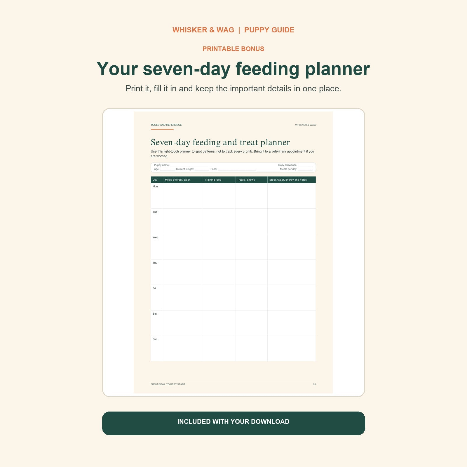 From Bowl to Best Start: printable seven-day feeding planner