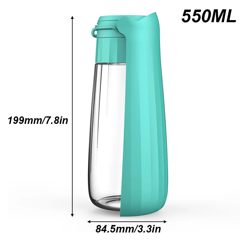 Turquoise 550ml portable pet water bottle with leakproof travel spout.