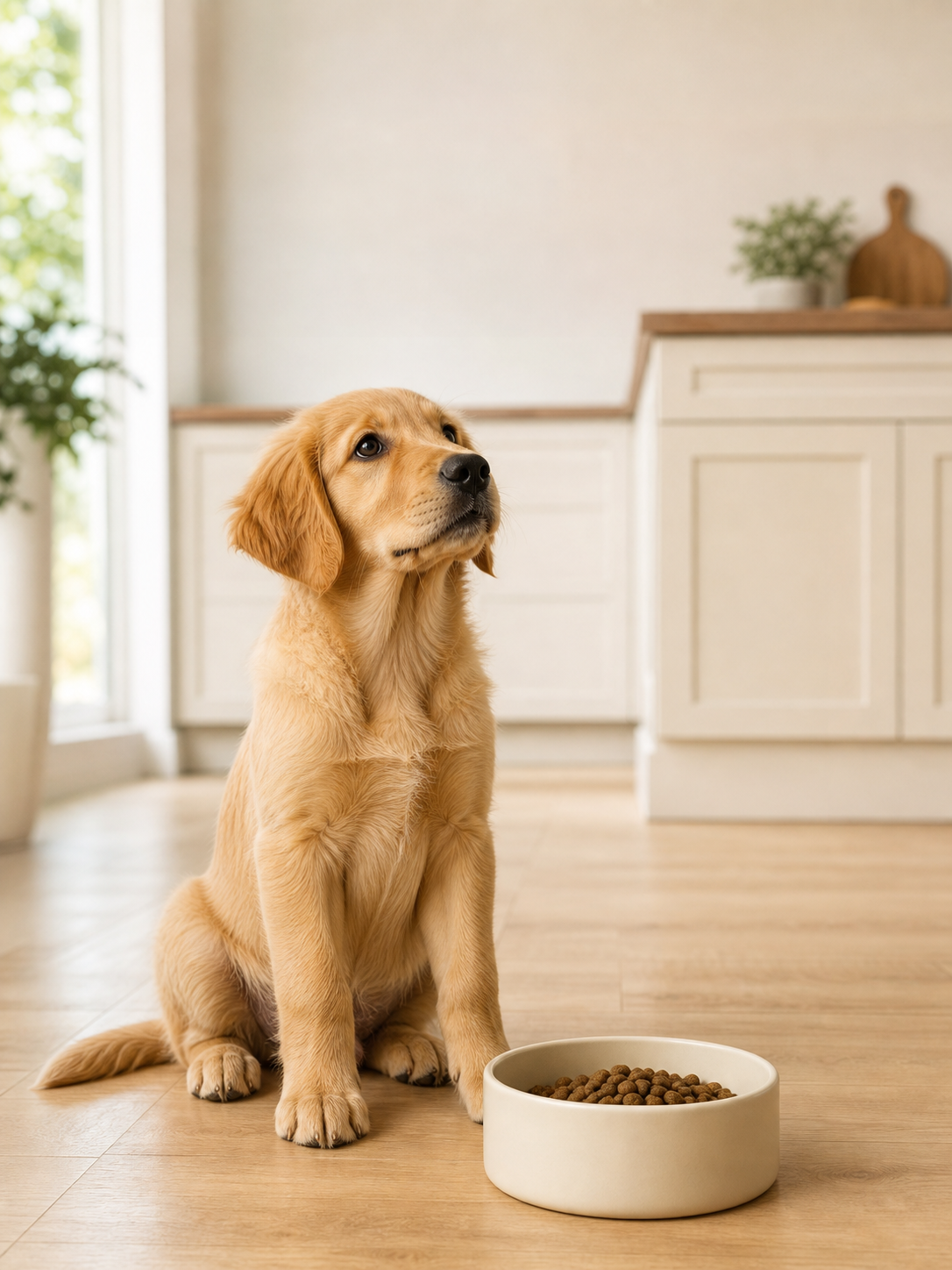Golden retriever puppy beside a food bowl – From Bowl to Best Start guide cover